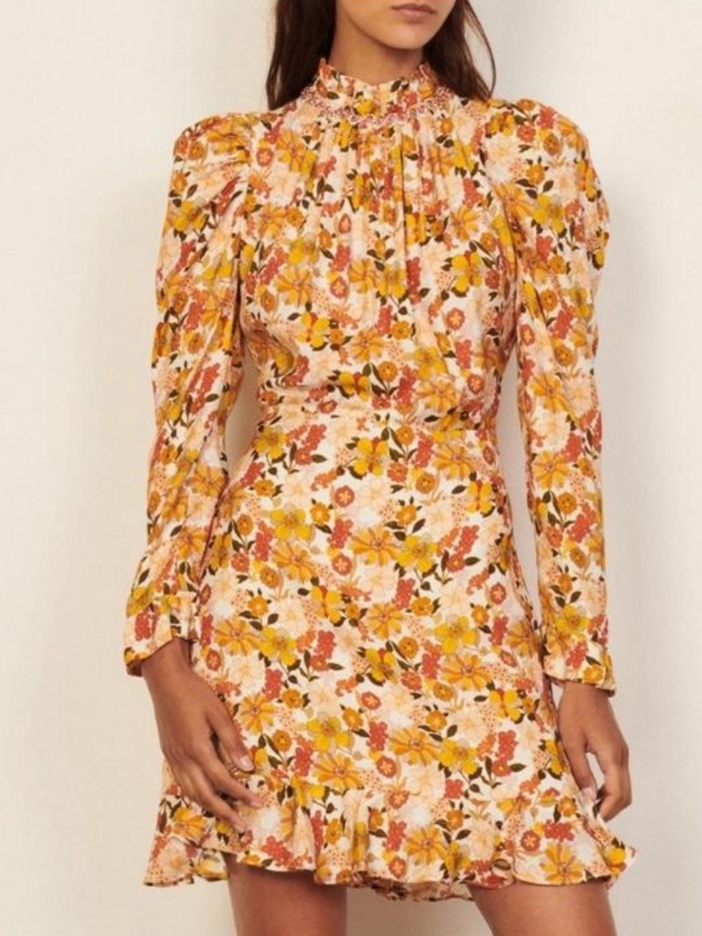 Sandro Yellow and Pink Floral Long-Sleeve Mini Dress Size 2 Fr Size 34